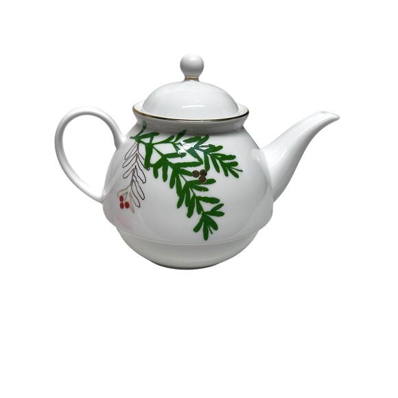 Lenox Merry and Bright Pine and Berry Teapot 24K Gold and Platinum Accents Rare! - Picture 1 of 12